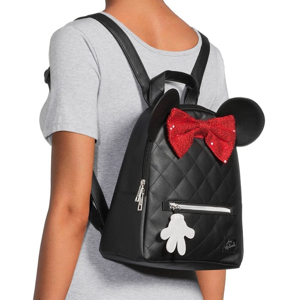 NWT Disney Minnie Mouse Quilted Mini Backpack Black Red Bow Vegan Leather NEW